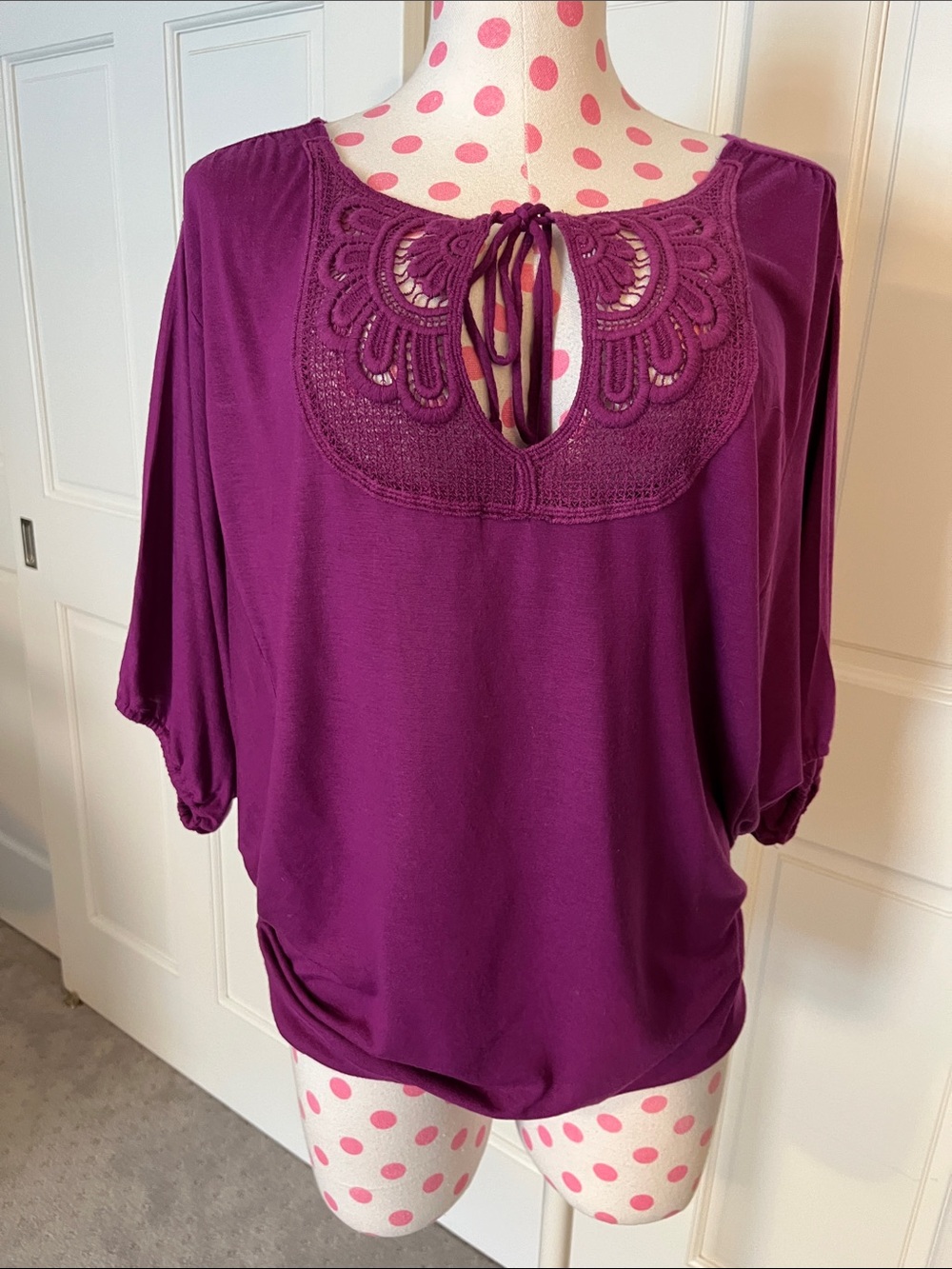 Old Navy Plum Crochet-Yoke Tie Neck Blouse